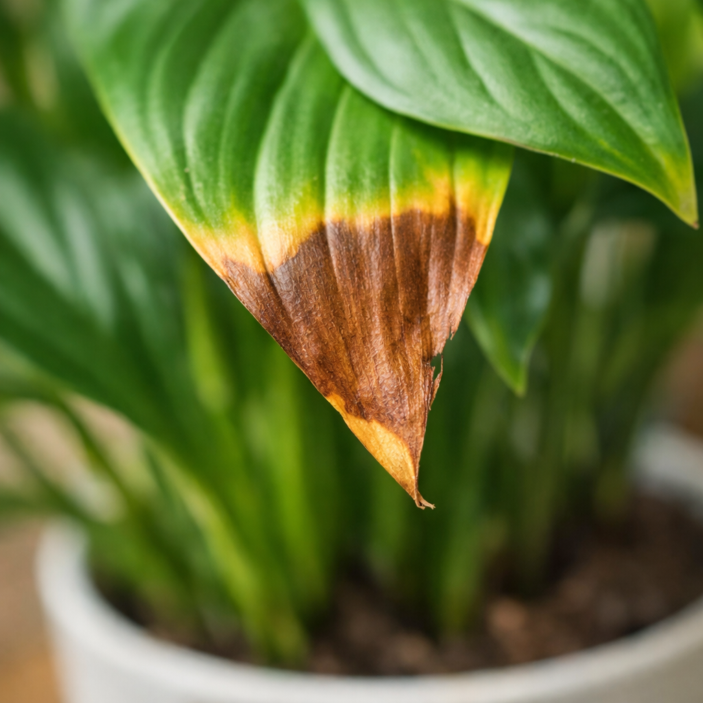 Close-up of indoor plant leaf showing brown, dry tips and yellow edges indicating stress or nutrient deficiency