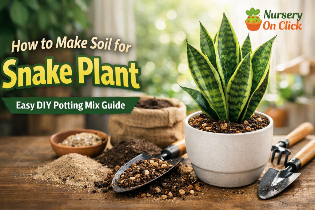 Healthy snake plant in white pot with well-draining soil mix made of sand, cocopeat, and compost, showing how to make snake plant soil mix at home – Nursery On Click