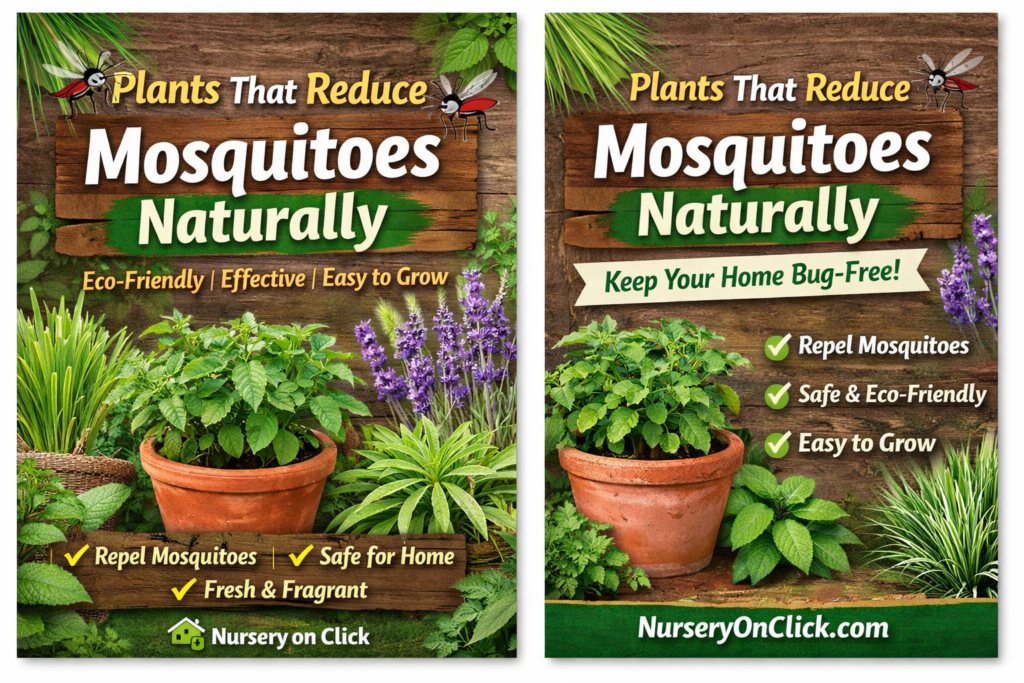 Plants that reduce mosquitoes naturally displayed in pots with Tulsi, lavender and mint in a garden setting